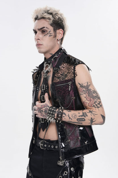 Men's Black Punk Vest, Spliced Mesh with Studs, Zippers and Eyelets