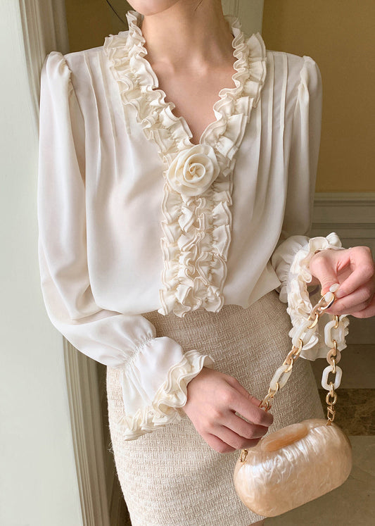 Apricot Art Shirt Petal Chiffon Solid Sleeve Ruffled