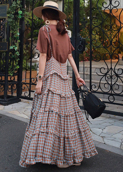 Blue Patchwork Sleeveless Plaid Ruffles Dress Long