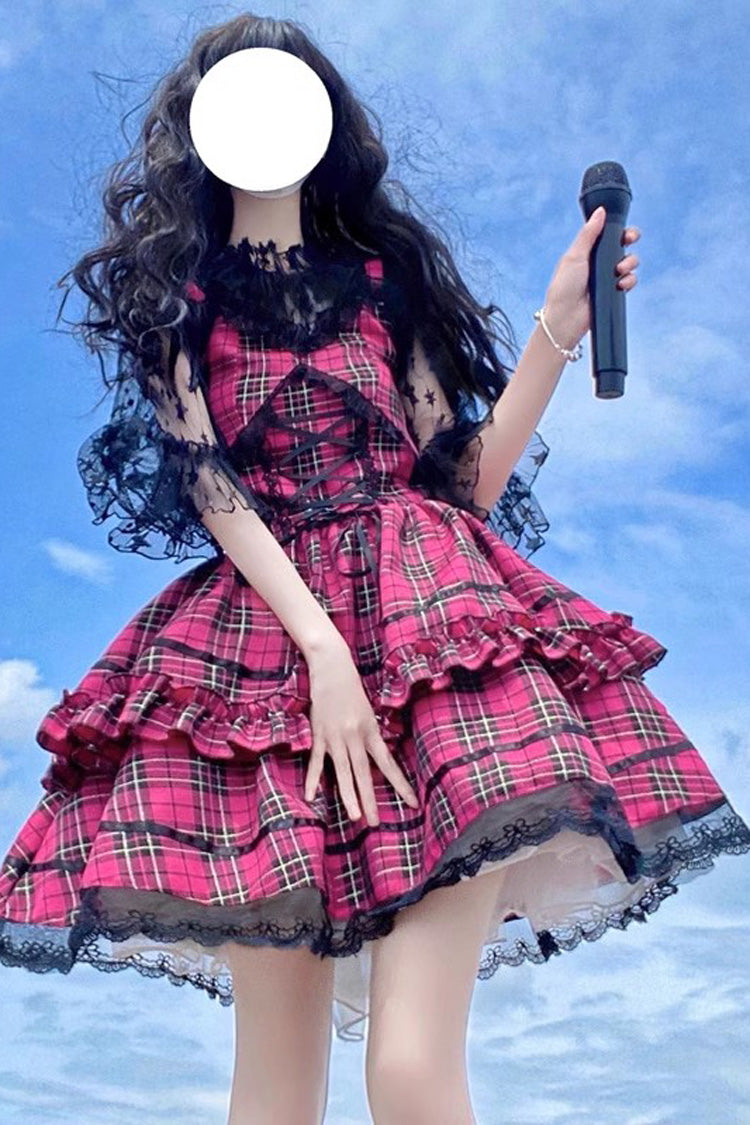 Crimson Lolita JSK Dress with Layered Ruffles and Bow Accents