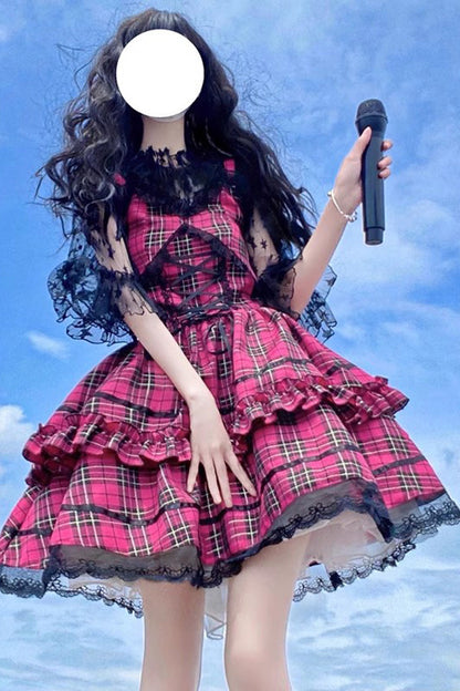 Crimson Lolita JSK Dress with Layered Ruffles and Bow Accents