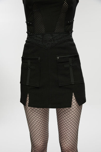 Zippered Skull Embroidered Big Pocket Punk Skirt for Women