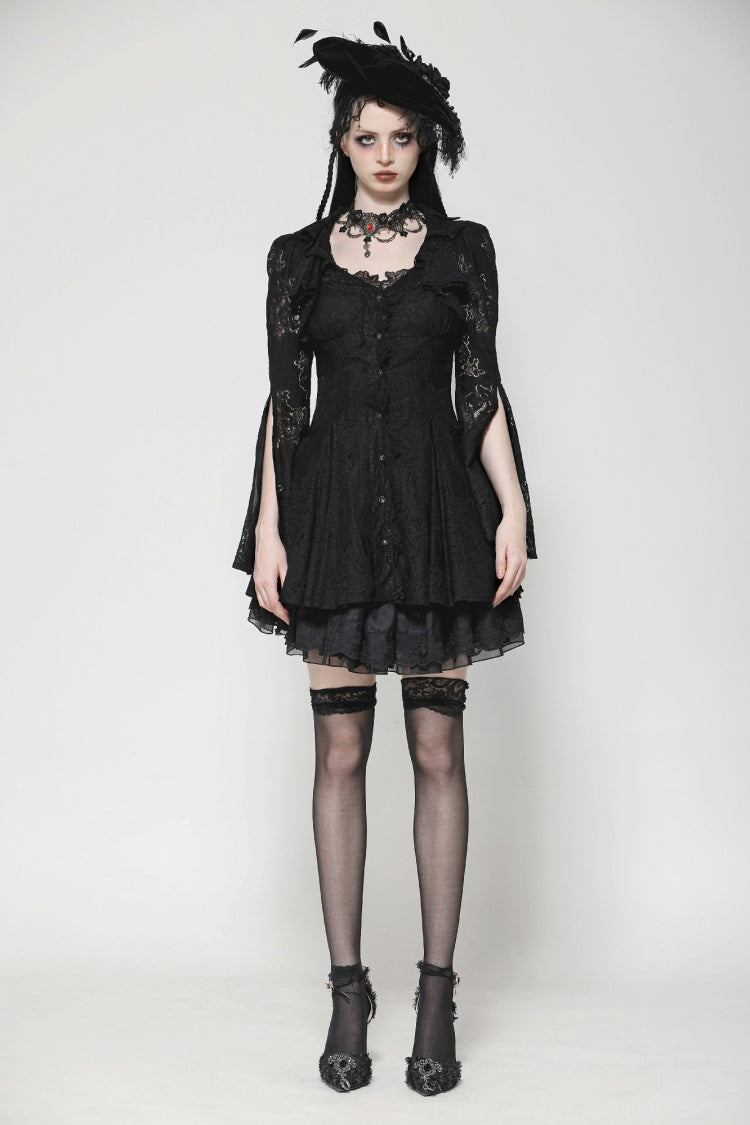 Ebony Flared-Sleeve Embroidered Lace-Up Gothic Honeymoon Dress