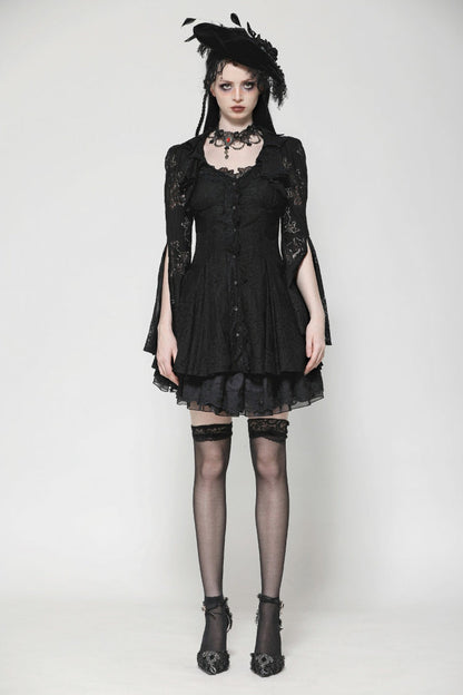 Ebony Flared-Sleeve Embroidered Lace-Up Gothic Honeymoon Dress