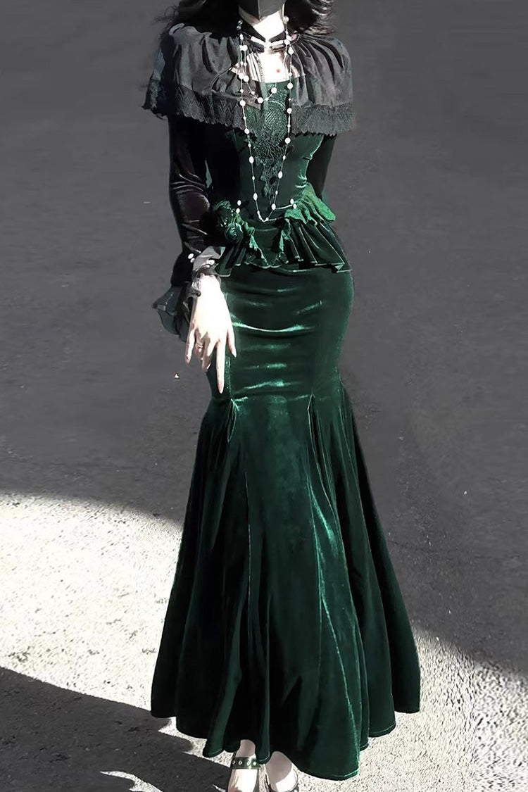 Emerald Ruffle Embroidery Slim Elegant Lolita Jumper Fishtail Gown