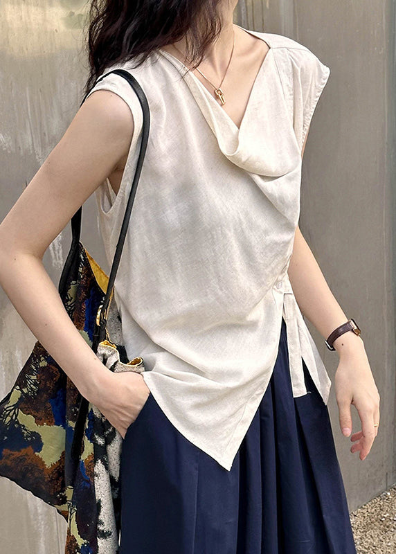 Beige Solid Cotton Blouse Tops Turtle Neck Sleeveless AF1044