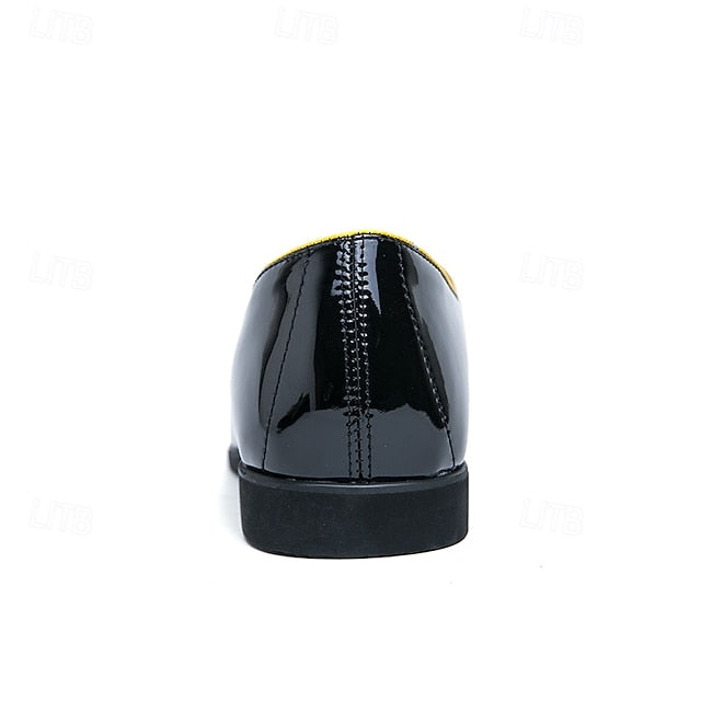 Leather Loafers Men's with Trim Yellow Patent Black Faux