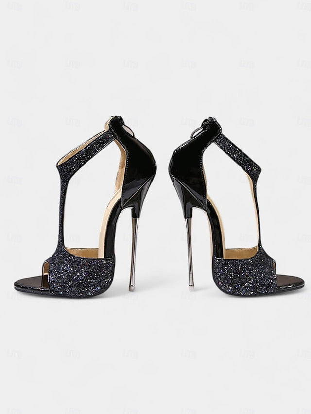 with Stiletto for Gold T-Strap Glitter Heels and Design Toe Open