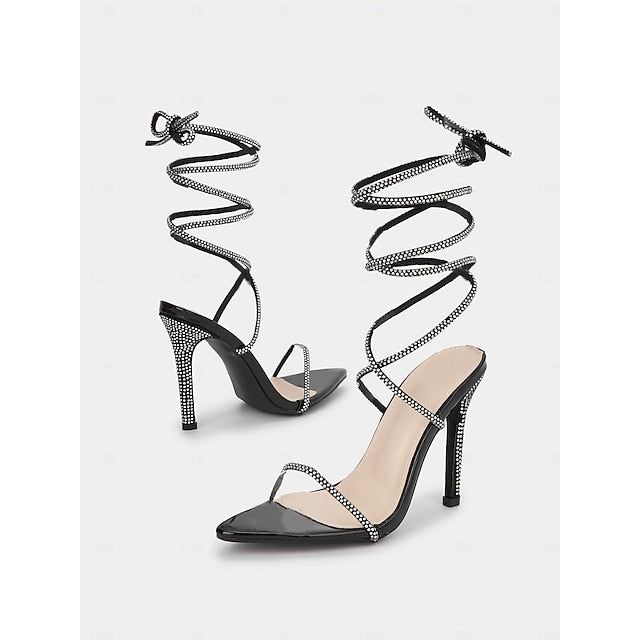 Sexy Sandals Stiletto Women's – Lace-Up Black Rhinestone