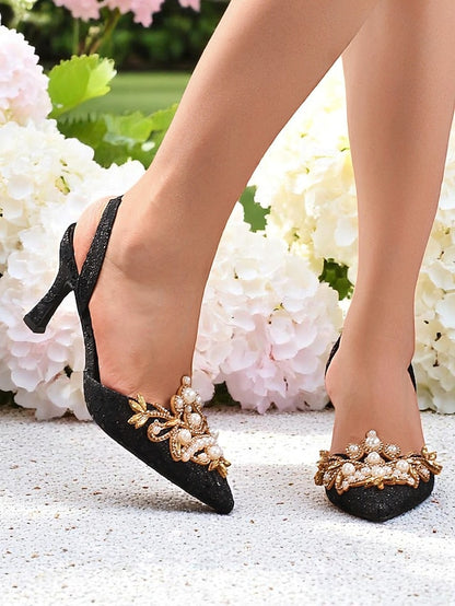 Slingback Satin Detailing Women's Pearl with Black Heels -
