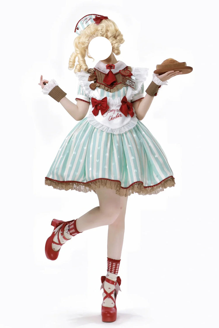 Emerald Jenny's Chocolate Striped Ruffle Bow Short-Sleeve Dress