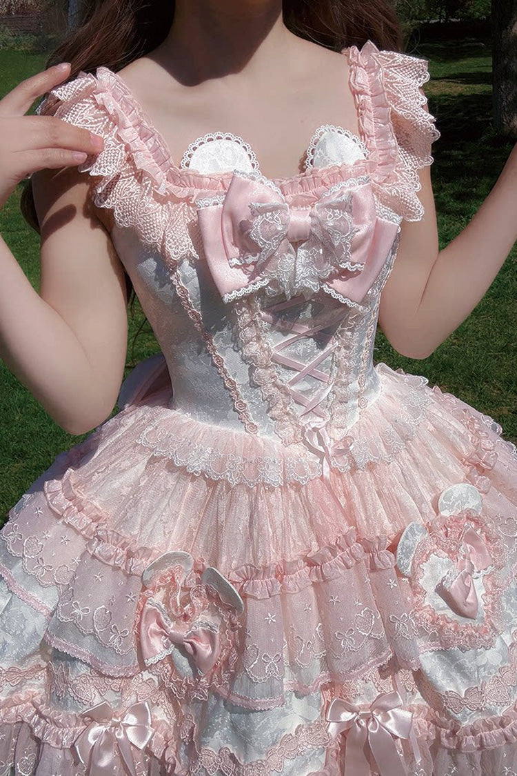 Blush Square Collar Flutter Sleeve Jacquard Ruffle Bow Lace JSK - Heart Bear