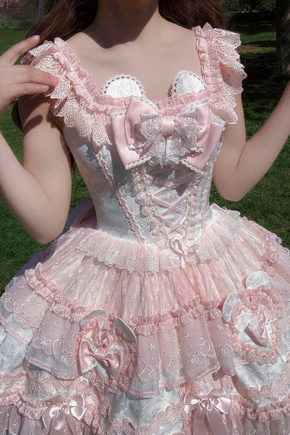 Blush Square Collar Flutter Sleeve Jacquard Ruffle Bow Lace JSK - Heart Bear