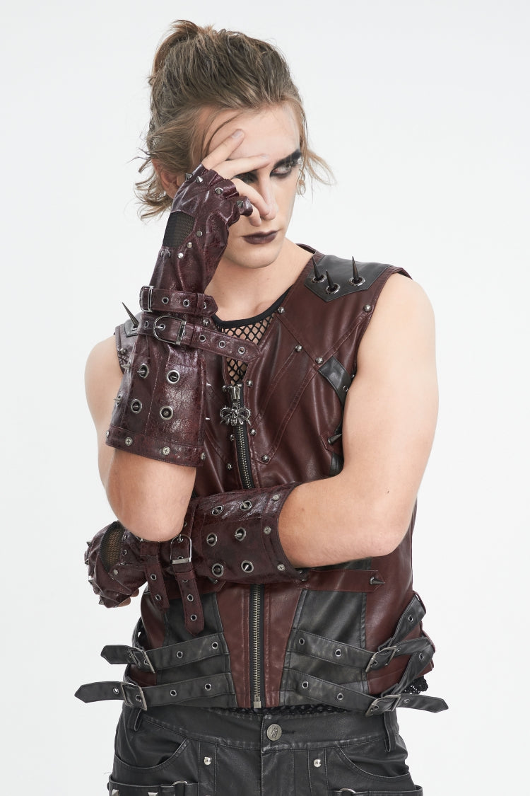 Crimson Punk Half-Finger Gloves with Mesh, Studs, and Buckles
