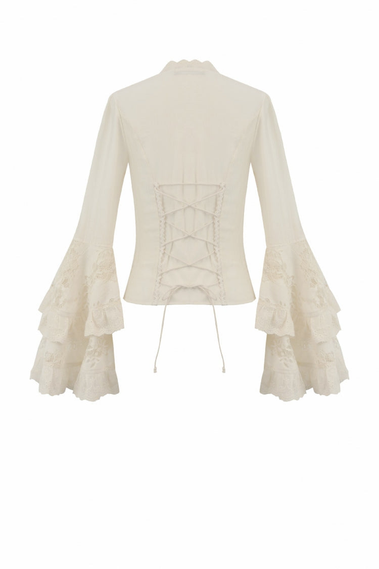Steampunk Women's Blouse with Trumpet Sleeves & Layered Lace-Up in Cream