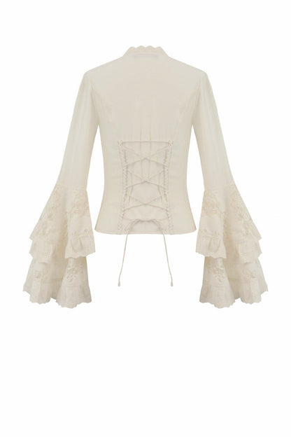 Steampunk Women's Blouse with Trumpet Sleeves & Layered Lace-Up in Cream