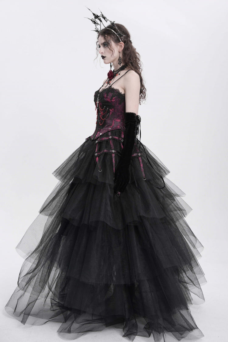 Crimson Gothic Vest with Embroidery Lace and Chain Details