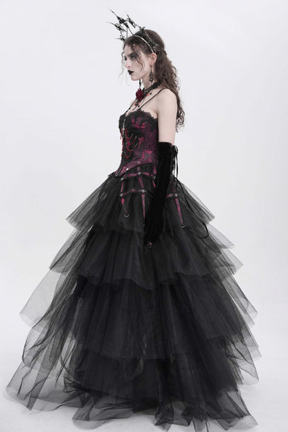 Crimson Gothic Vest with Embroidery Lace and Chain Details