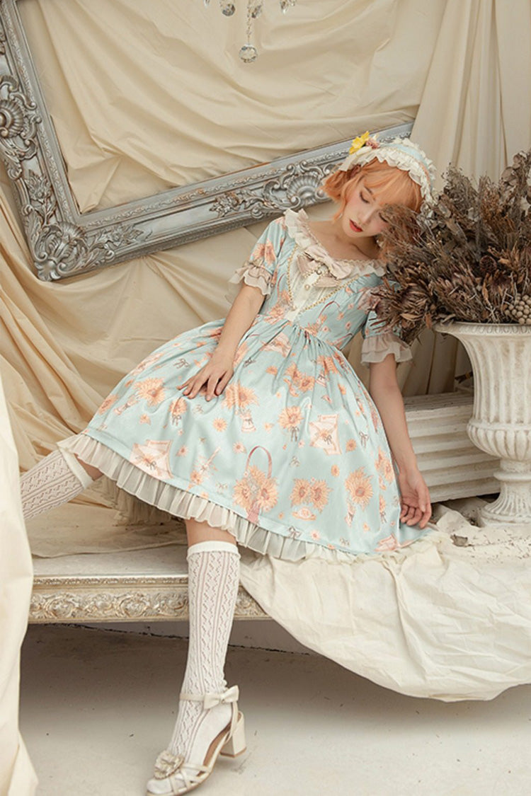 Emerald Sunflower Print Ruffled Bow Short-Sleeve Lolita Dress