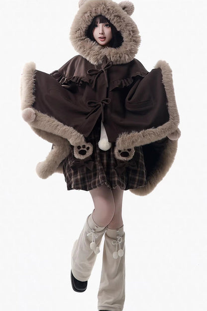 Fluffy Bear Plaid Ruffle Bow Sweet Lolita Strap Dress