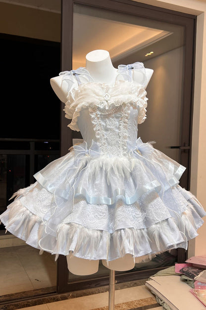 Ballet-Inspired Multi-Layer Ruffle JSK Dress with Bowknot in Three Hues - EtherealGrace