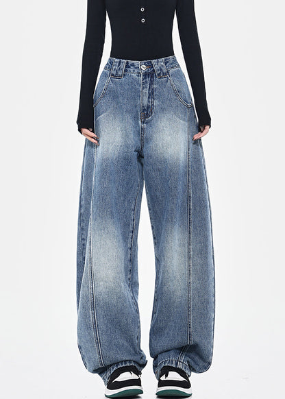 Pants Fashion Pockets High Spring Blue Patchwork Waist Denim