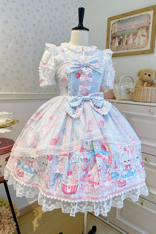 Azure Cute Rabbit Sweet Cake Print Ruffle Bow Lace Sweet Lolita Jumper Dress