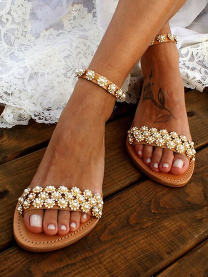 Flat with Straps Beaded Ankle Boho Chic Floral for Sandals