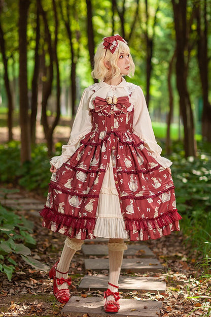 Multi-Layer Ruffle Sweet Elegant Lolita JSK Dress with Rabbit Dance Print - 4 Colors