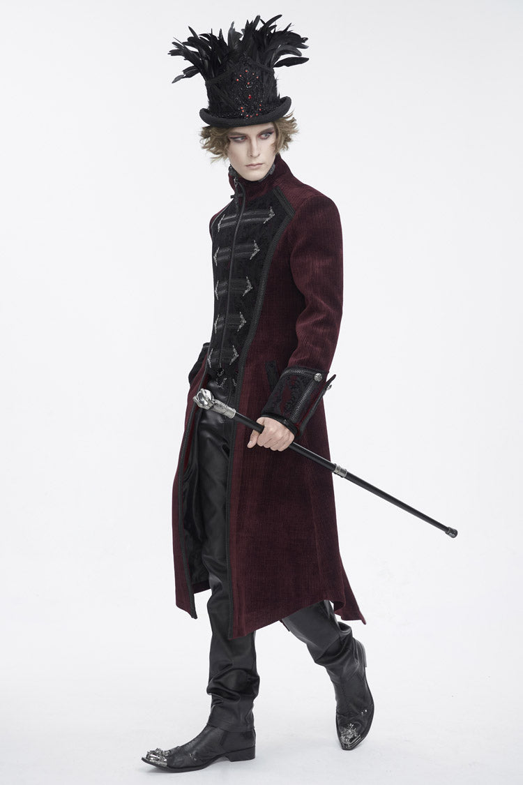 Crimson High-Neck Slim-Fit Gothic Coat with Embroidered Long Sleeves