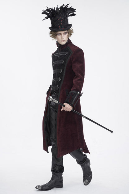 Crimson High-Neck Slim-Fit Gothic Coat with Embroidered Long Sleeves