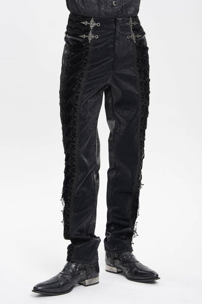 Embroidered Lace-Up Spliced Gothic Trousers for Men