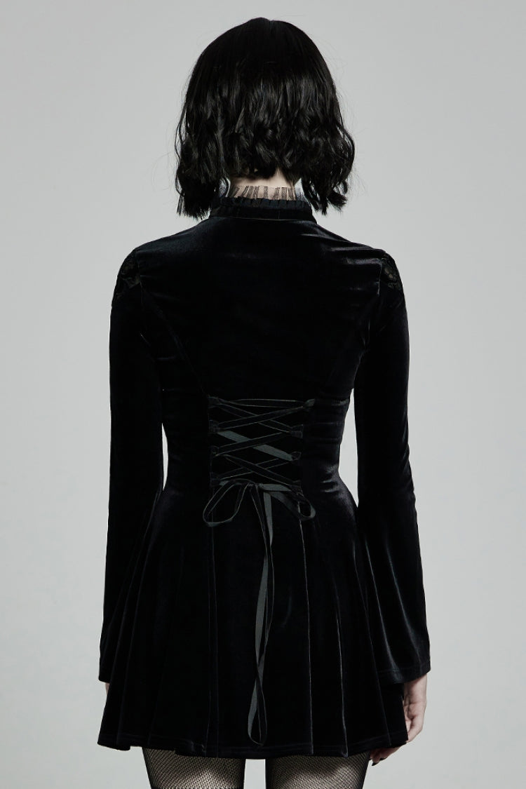 Ebony Flared-Sleeve Sheer Lace-Up Gothic Dress