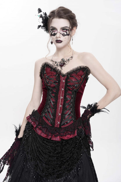 Crimson Gothic Overbust Corset with Beaded Lace and Lace-Up Back