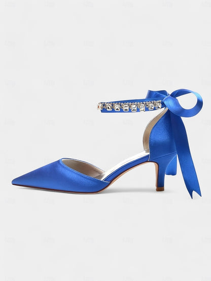 Ankle Rhinestone and Pointed-Kitten Strap with Heels Satin Blue