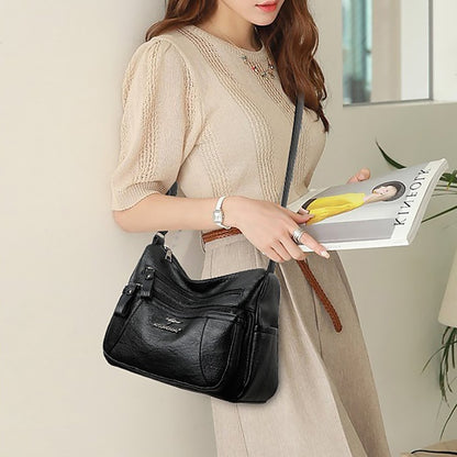 Shoulder Women's Bag Leather Black – Faux Multi-Pocket