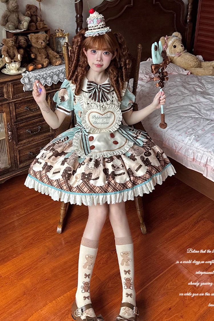 Peppermint Chocolate Cake Bear Print Lace-Up Lolita Dress with Bow - Sweet