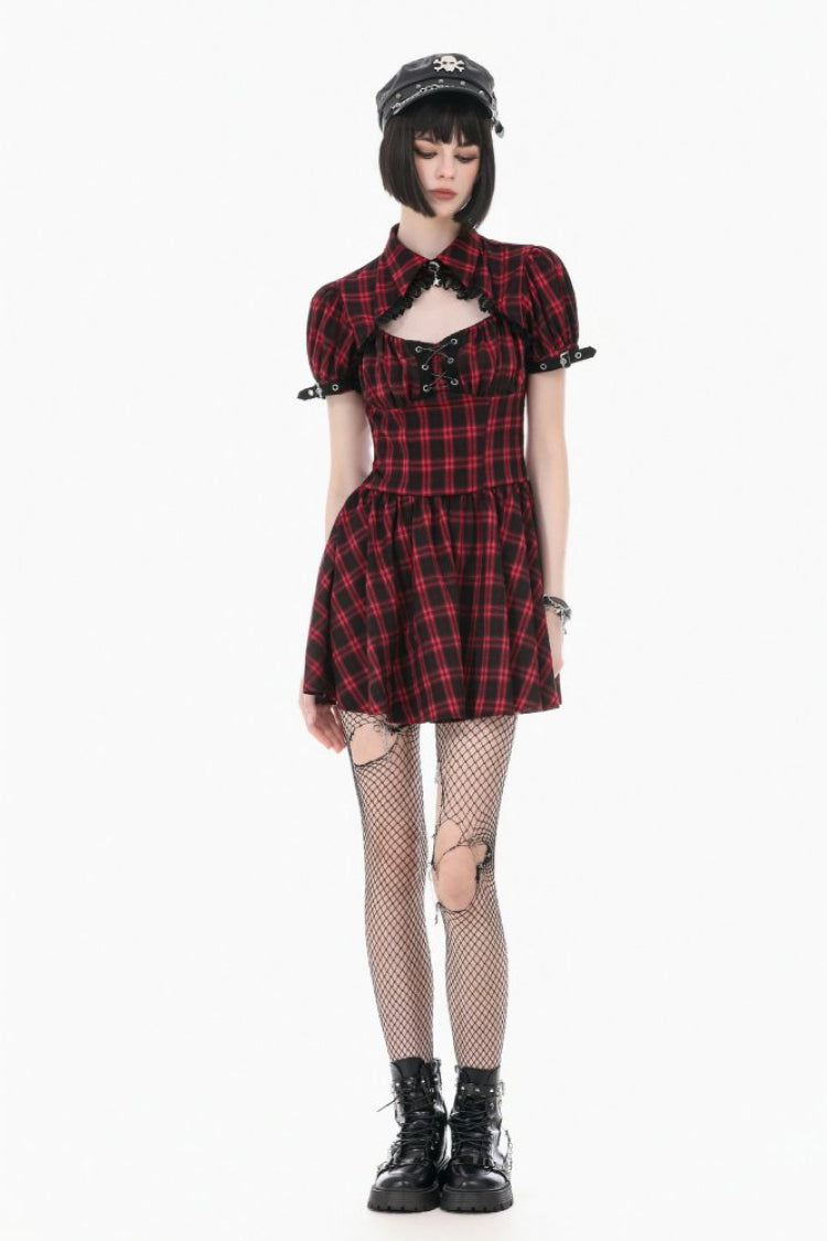 Crimson & Charcoal Tartan Notch Collar Cutout Short Sleeve Laced Punk Retro Mini Dress
