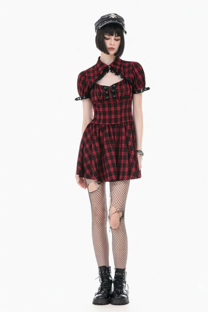 Crimson & Charcoal Tartan Notch Collar Cutout Short Sleeve Laced Punk Retro Mini Dress