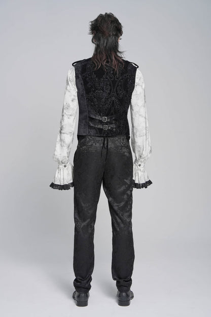 Men's Black Gothic Vest, Jacquard with Embroidery, Buckles and Pleats