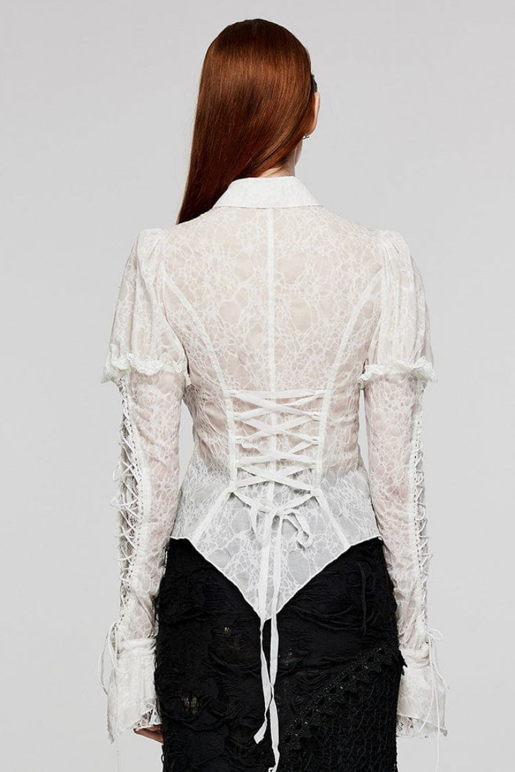 Gothic Lace Blouse with Lapel Collar and Stitched Print, Long Sleeves, Two Variants - DarkRomance