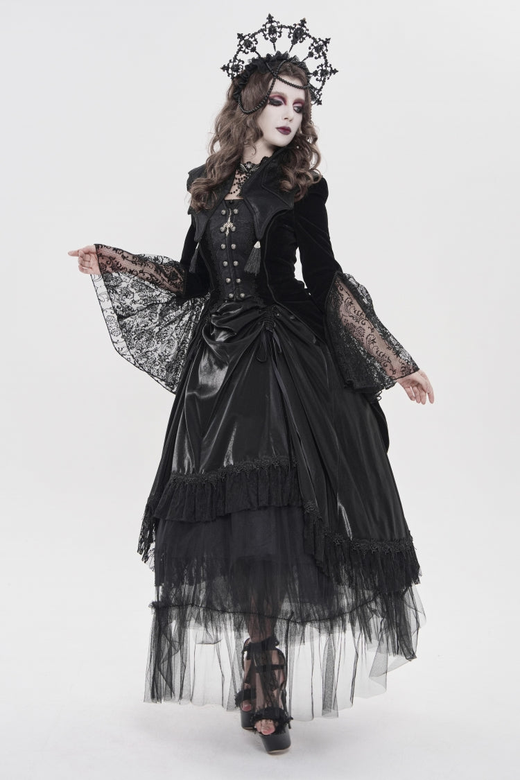 Ebony Flared-Sleeve Embroidered Lace Fitted Zip Gothic Batwing Jacket