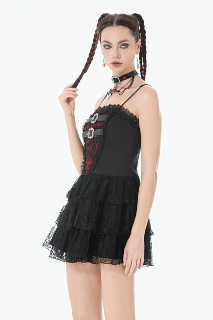 Crimson & Obsidian Sleeveless Multi-Layered Lace Lace-Up Grunge Cake Slip Dress
