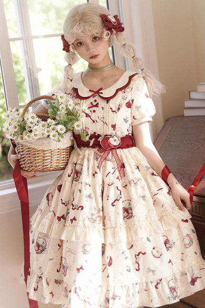 Ivory Apple Tea Print Short-Sleeve Country Ruffle Bow Sweet Lolita Dress Plus Size