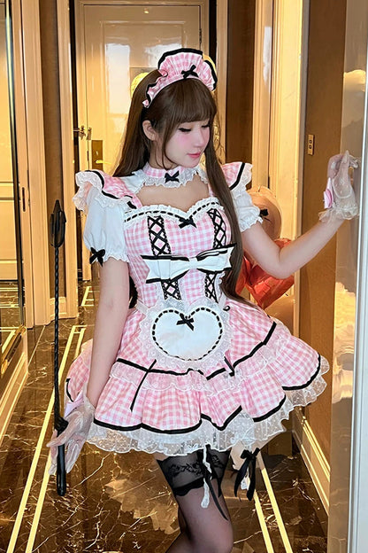 Blush Square Collar Short-Sleeve Double-Layer Printed Ruffle Bow Maid Dress - Girlish Plaid