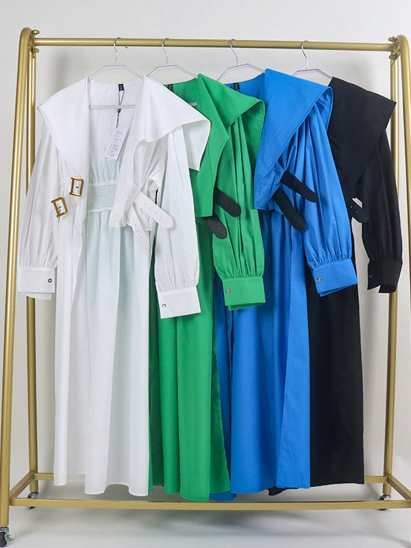 Pleated Black Asymmetric Lapel Waisted Long High Modern Belted