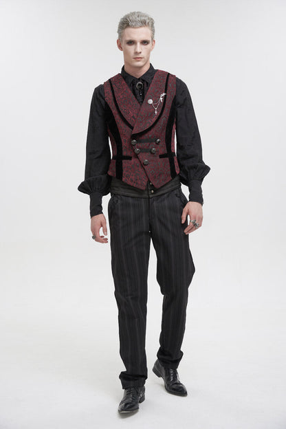 Crimson Slim Retro Gothic Vest with Jacquard and Metal Chain