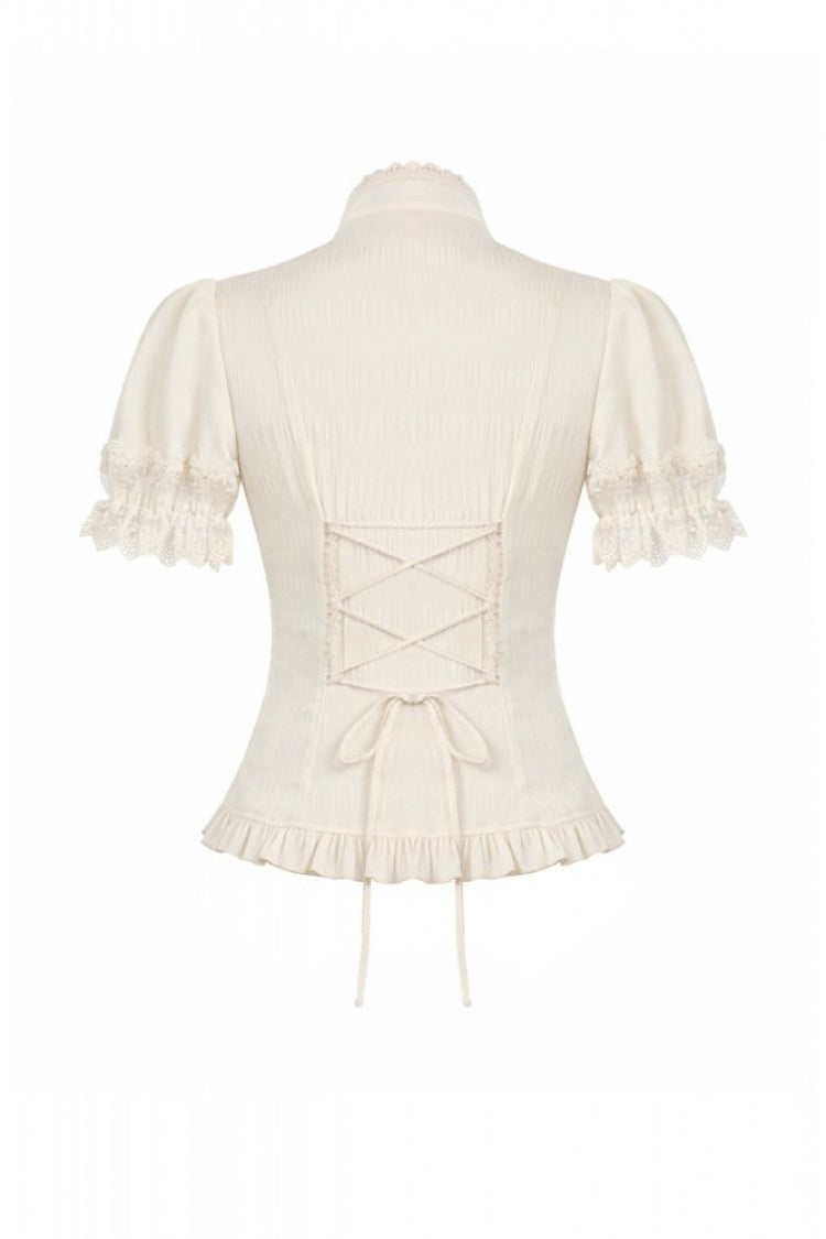 Gothic Women's Blouse with Puff Sleeves, Sheer Lace-Up & Detachable Bow