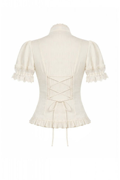 Gothic Women's Blouse with Puff Sleeves, Sheer Lace-Up & Detachable Bow