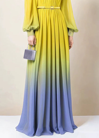 Dress Fall Button Chiffon Gradient Wrinkled Color Ankle Italian